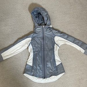 Lululemon grey and cream fleece jacket with removable hood